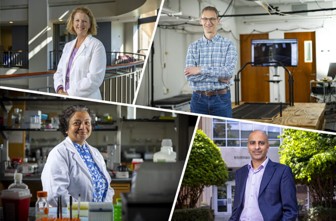 A collage of four portraits shows a women in a white doctor jacket in the upper left side, a man in front of a treadmill in the upper right, a smiling woman in a white lab jacket in the lower left, and a man in a suite jacket in the lower right.