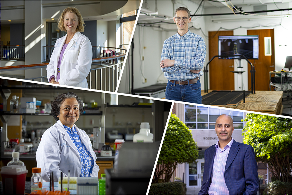A collage of four portraits shows a women in a white doctor jacket in the upper left side, a man in front of a treadmill in the upper right, a smiling woman in a white lab jacket in the lower left, and a man in a suite jacket in the lower right.