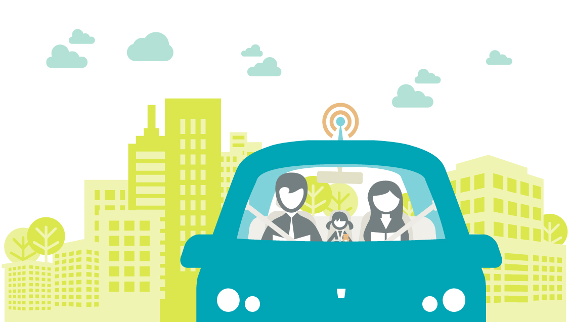 Illustration of a family of three riding in a self-driving car away from a city.