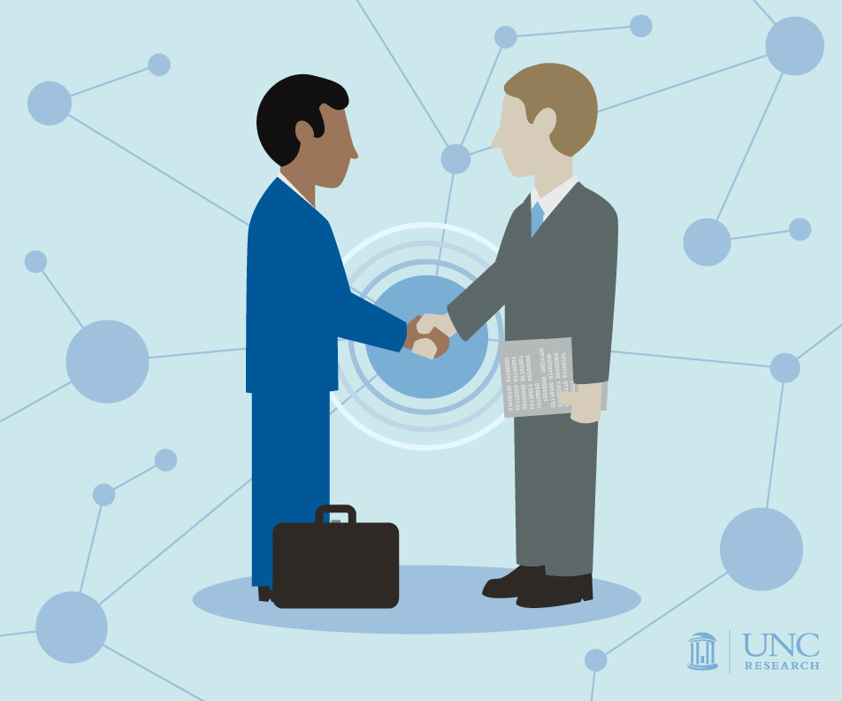 Illustration of two business men shaking hands.