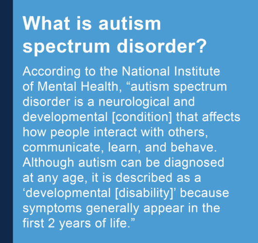 What is autism spectrum disorder? According to the National Institute of Mental Health, “autism spectrum disorder is a neurological and developmental [condition] that affects how people interact with others, communicate, learn, and behave. Although autism can be diagnosed at any age, it is described as a ‘developmental [disability’] because symptoms generally appear in the first 2 years of life.”