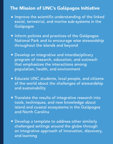 The Mission of UNC’s Galápagos Initiative 1. -improve the scientific understanding of the linked social, terrestrial, and marine sub-systems in the Galápagos 2. 3. -inform policies and practices of the Galápagos National Park and to encourage wise stewardship throughout the islands and beyond -develop an integrative and interdisciplinary program of research, education, and outreach that emphasizes the interactions among population, health, and environment -educate UNC students, local people, and citizens of the world about the challenges of stewardship and sustainability -translate the results of integrative research into tools, techniques, and new knowledge about island and coastal ecosystems in the Galápagos and North Carolinas -develop a template to address other similarly challenged settings around the globe through an integrative approach of innovation, discovery, and learning