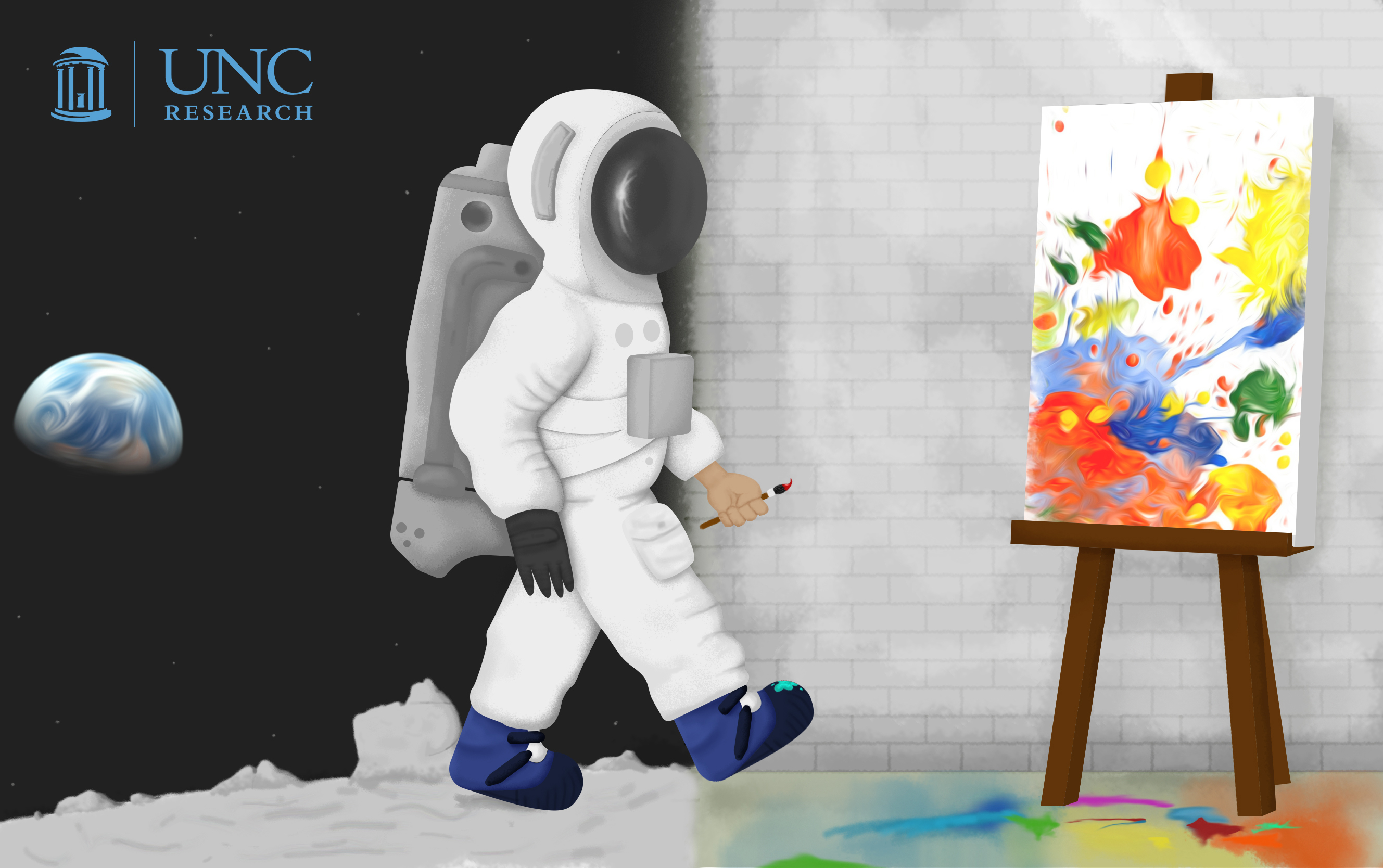 Illustration of an astronaut walking from a moon scene to a painting studio scene, holding a paint brush.