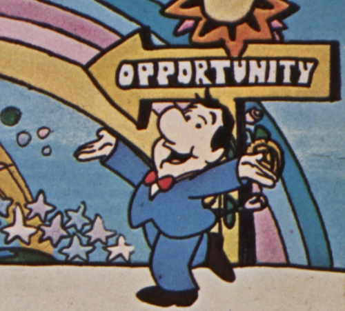 Screen cap from the Cartoon PSA on the U.S. Chamber of Commerce. Man in a business suit with his hands up in the air, walking down a path that says "Opportunity"