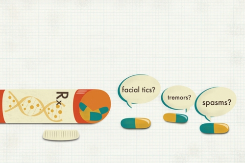 Illustration of prescription pills spilled out of a pill bottle. First pill has an airbubble above it saying "Spasms?", the next says "Tremors?", and the last says "Facial Tics?"