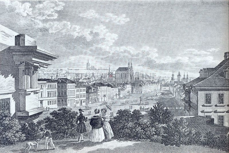 Vincenc Morstadt was a German visual artist born in 1802. This drawing depicts Wenceslas Square, one of the main city squares and center of the business and cultural communities in the New Town of Prague, during 1830.