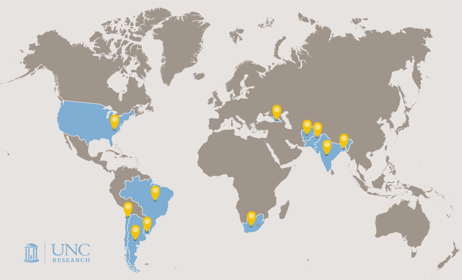 A world map illustration showing areas that Hendree has helped women and children. These areas are The United States, Brazil, Uruguay, Argentina, Chile, South America, Georgia, Afghanistan, Pakistan, India, and Bangladesh