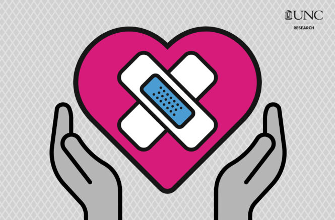 An illustration of two hands out stretched to a pink heart with bandaids on it.